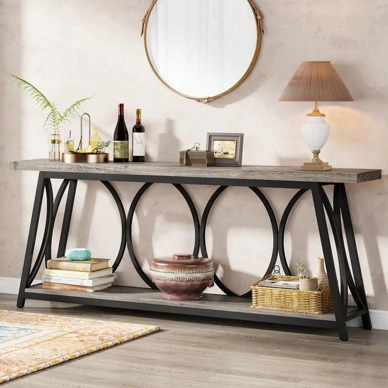 Industrial 70-inch Grey Wood Top Sofa Table with Heavy Duty Black Metal Frame by HomePacific
