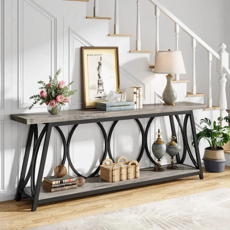 Industrial 70-inch Grey Wood Top Sofa Table with Heavy Duty Black Metal Frame by HomePacific