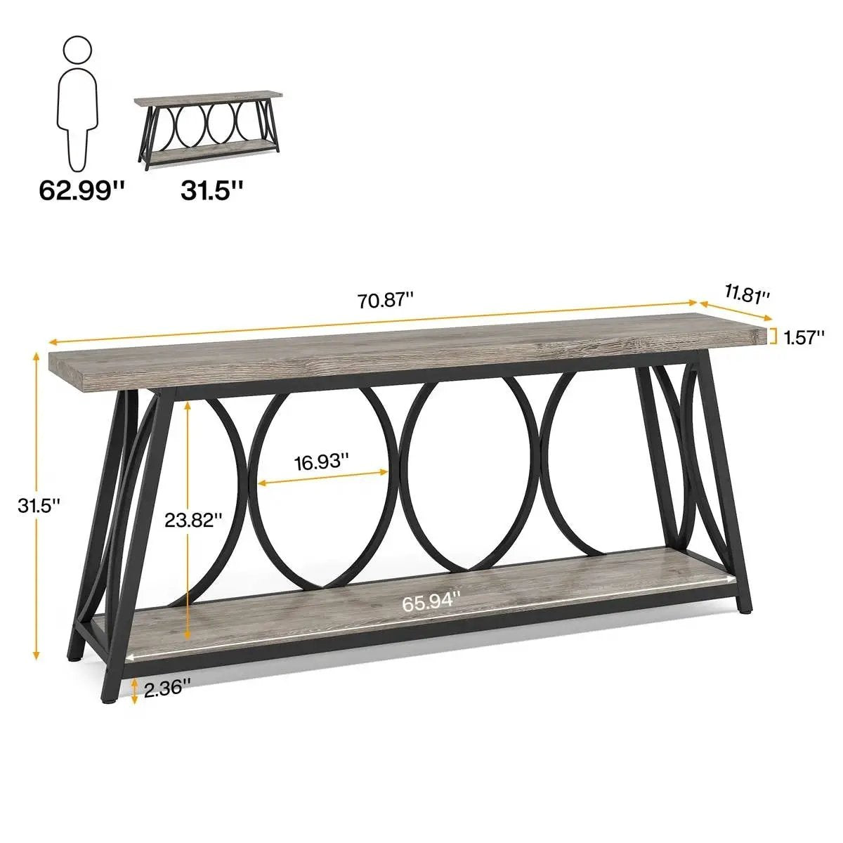 Industrial 70-inch Grey Wood Top Sofa Table with Heavy Duty Black Metal Frame by HomePacific