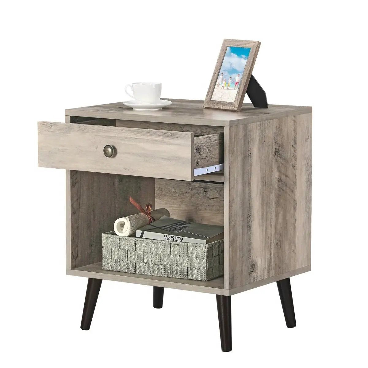 Mid-Century Modern 1-Drawer Nightstand Bedroom End Table in Grey Wood Finish by HomePacific