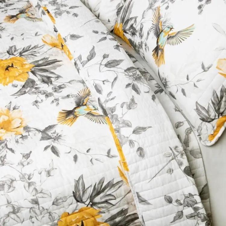 Full/Queen 3 Piece White Yellow Grey Reversible Floral Birds Cotton Quilt Set by HomePacific