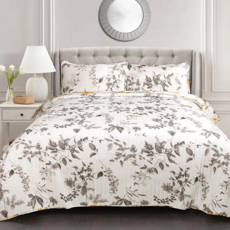 Full/Queen 3 Piece White Yellow Grey Reversible Floral Birds Cotton Quilt Set by HomePacific