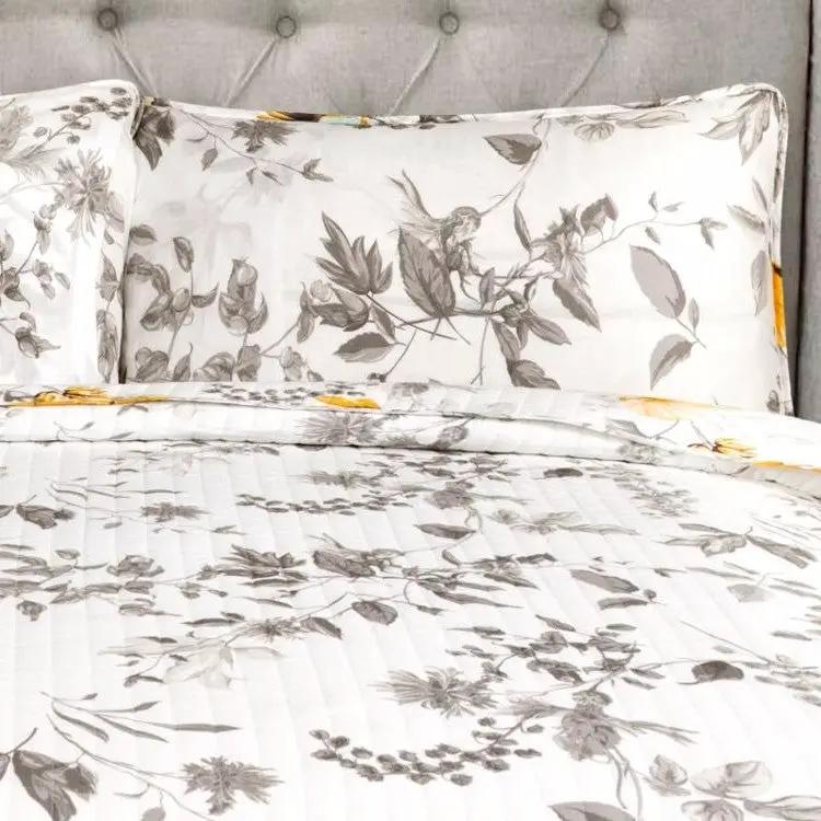 Full/Queen 3 Piece White Yellow Grey Reversible Floral Birds Cotton Quilt Set by HomePacific