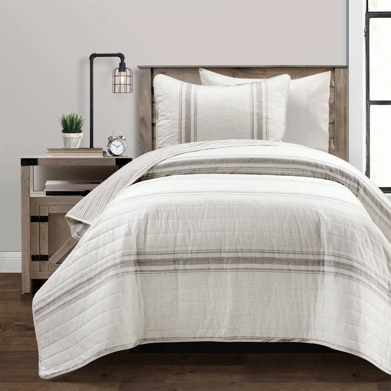 Twin/Twin XL Grey Off-White 2 Piece Stripe Reversible Cotton Quilt Set by HomePacific
