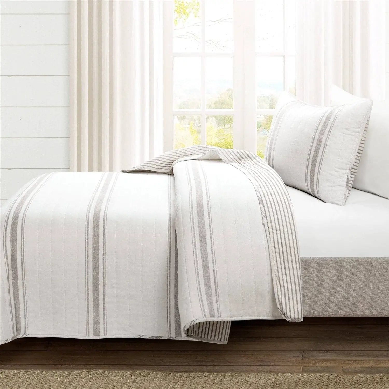 Twin/Twin XL Grey Off-White 2 Piece Stripe Reversible Cotton Quilt Set by HomePacific
