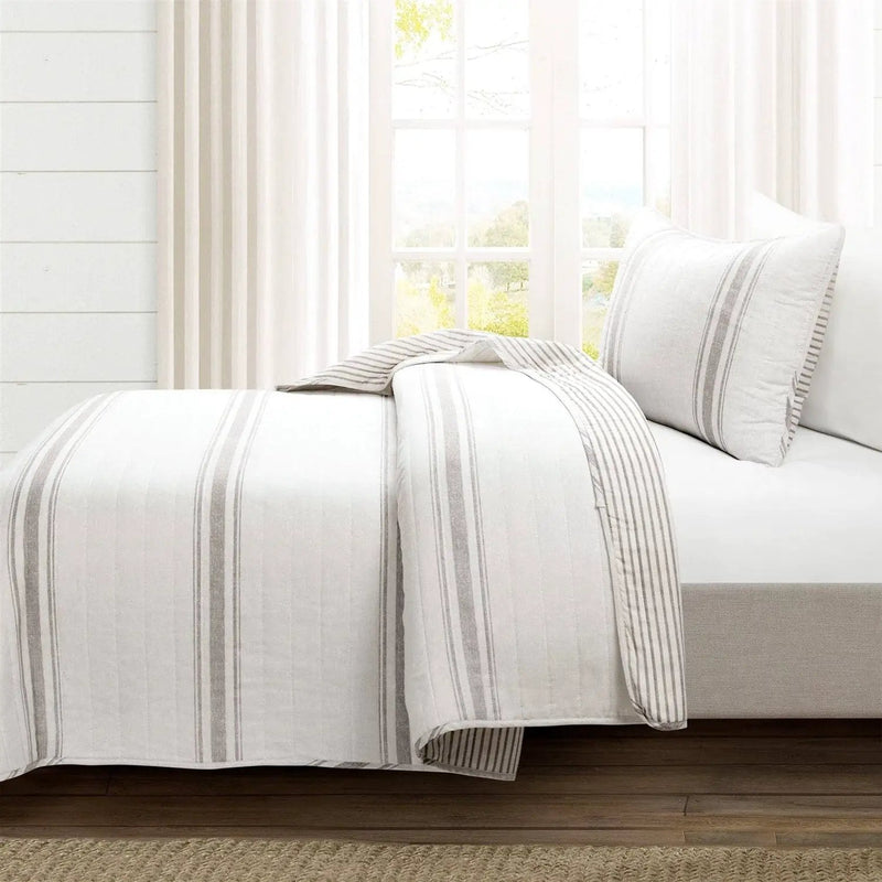 Twin/Twin XL Grey Off-White 2 Piece Stripe Reversible Cotton Quilt Set by HomePacific