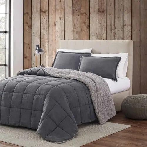 Full/Queen Plush Sherpa Reversible Micro Suede Comforter Set in Gray by HomePacific