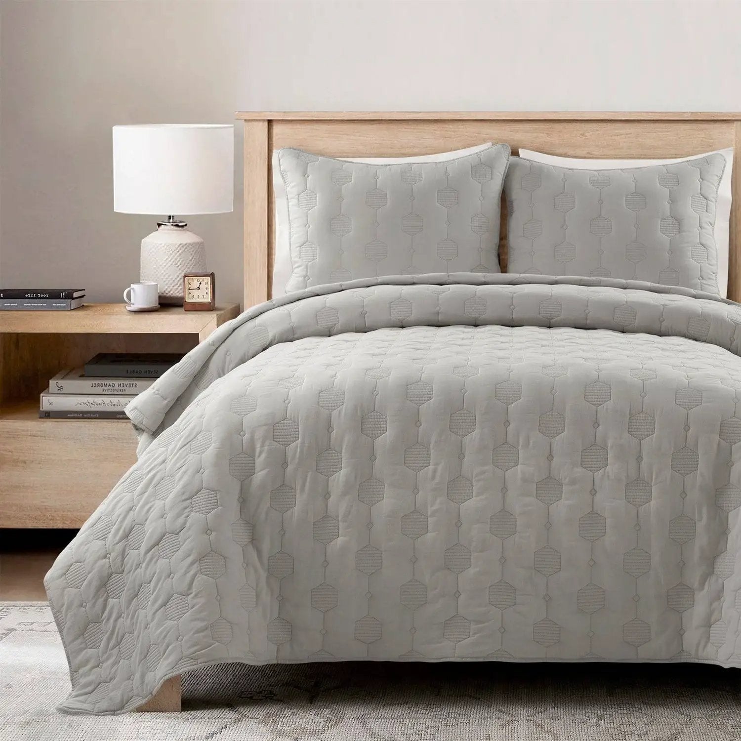 Full/Queen Hexagonal Pattern Lightweight Grey Textured Cotton 3 Piece Quilt Set by HomePacific