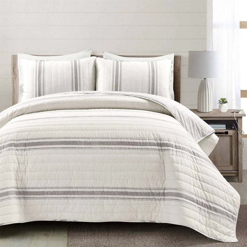 Full / Queen Grey Off-White 3 Piece Stripe Reversible Cotton Quilt Set by HomePacific