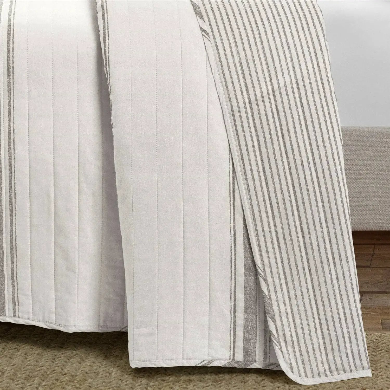 Full / Queen Grey Off-White 3 Piece Stripe Reversible Cotton Quilt Set by HomePacific