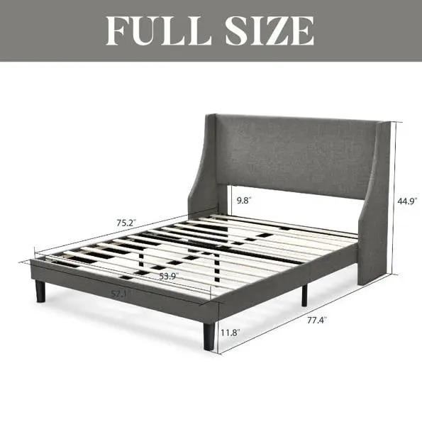 Full Size Grey Linen Blend Upholstered Platform Bed with Wingback Headboard by HomePacific