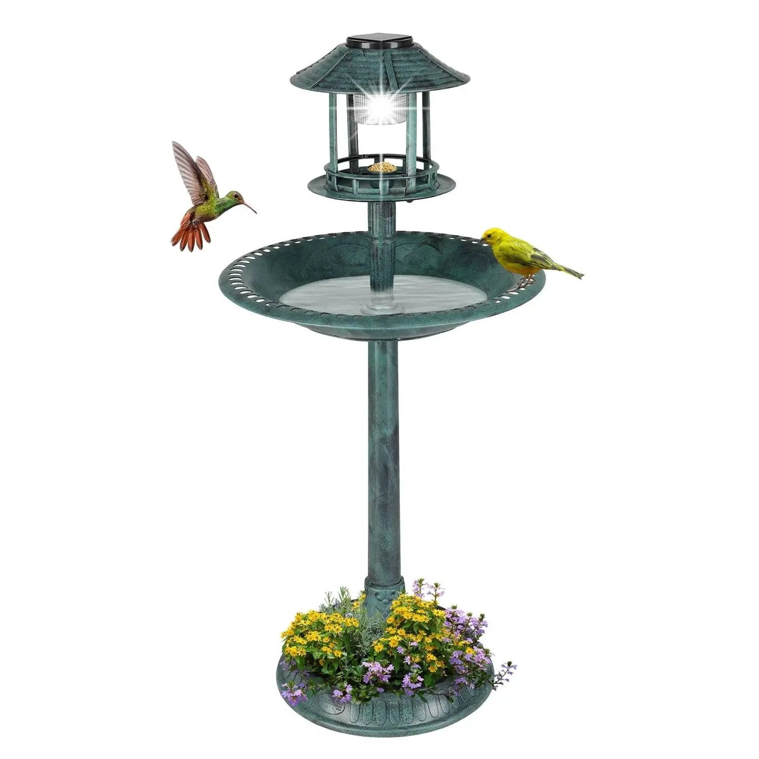 Outdoor Garden Birdbath in Green Copper Patina Finish with Solar Light by HomePacific