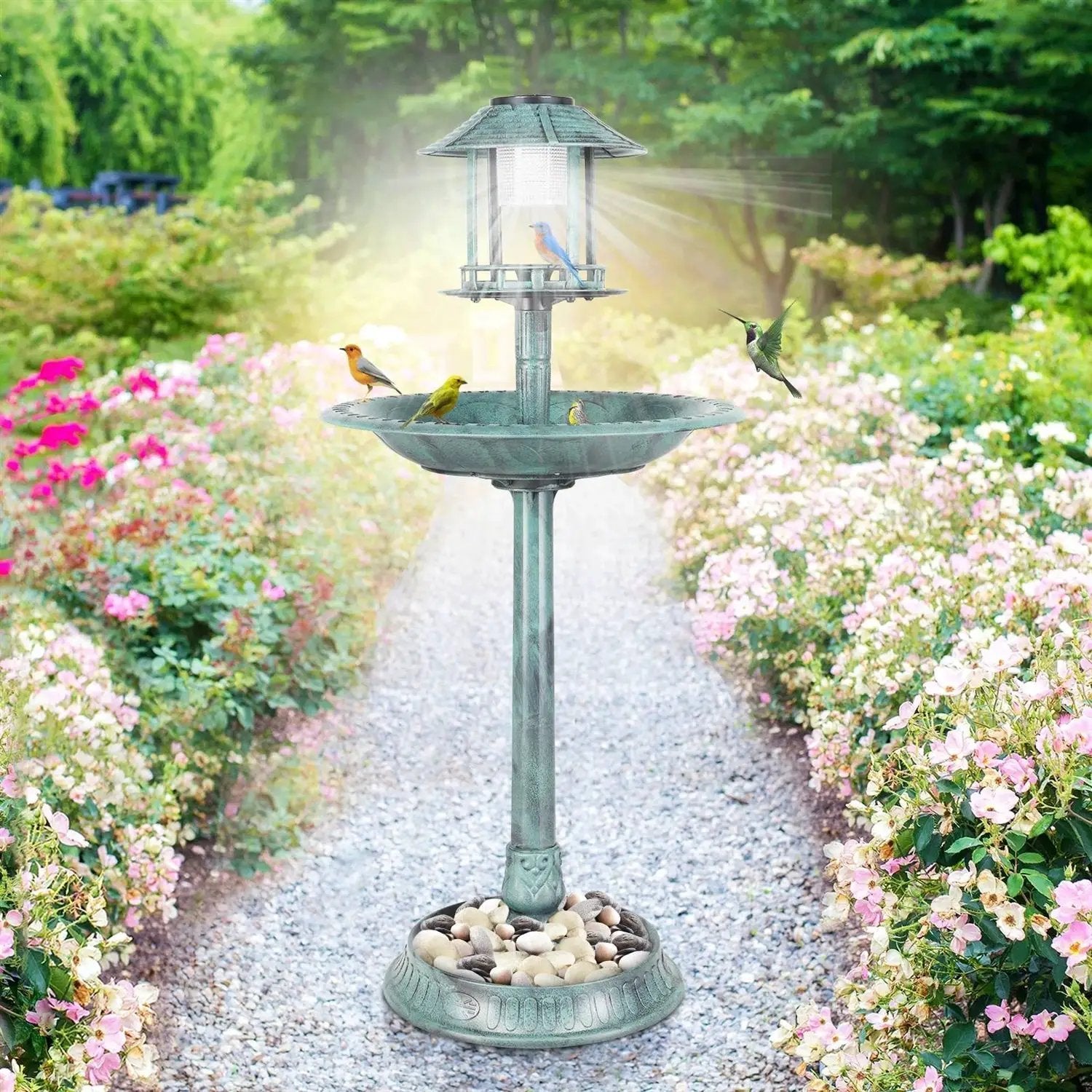 Outdoor Garden Birdbath in Green Copper Patina Finish with Solar Light by HomePacific
