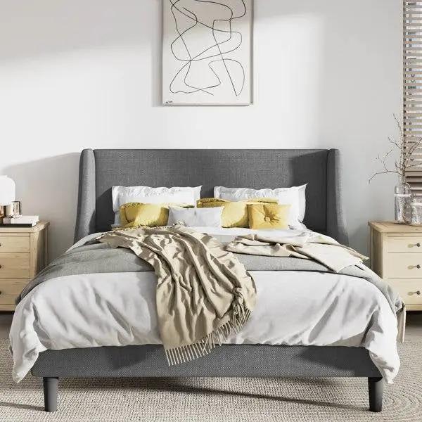 King Size Upholstered Linen Blend Headboard Wingback Platform Bed in Grey by HomePacific