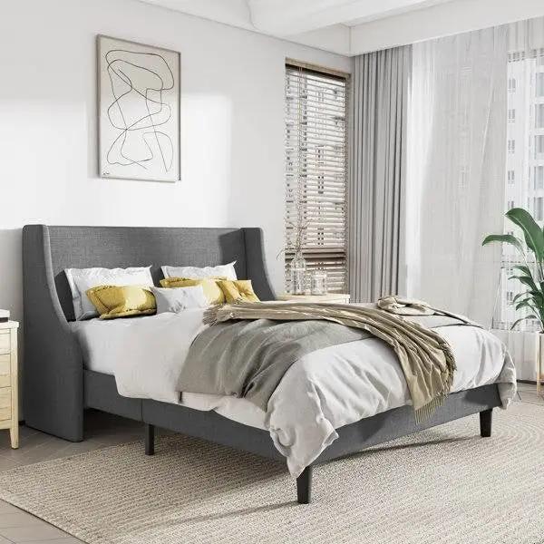 King Size Upholstered Linen Blend Headboard Wingback Platform Bed in Grey by HomePacific