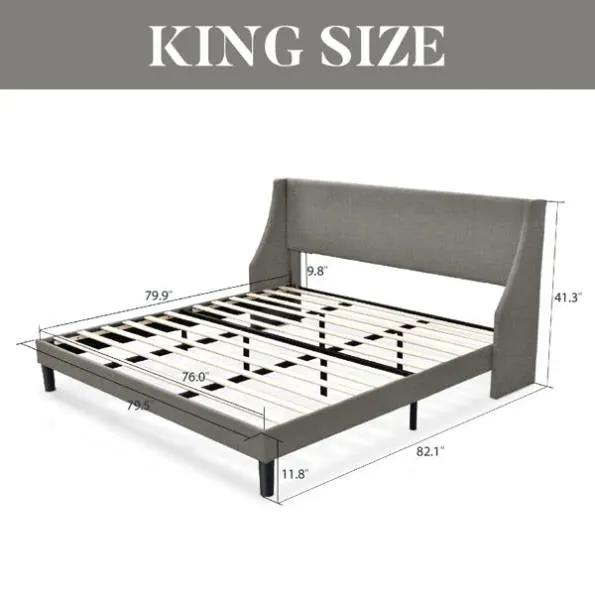 King Size Upholstered Linen Blend Headboard Wingback Platform Bed in Grey by HomePacific