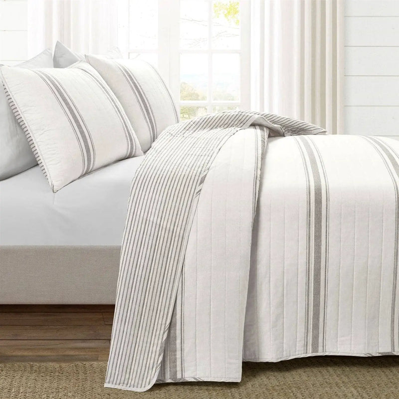 King Size Grey White 3 Piece Stripe Reversible Cotton Quilt Set by HomePacific