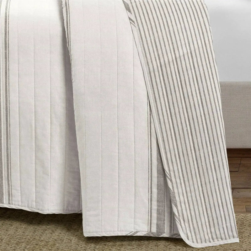 King Size Grey White 3 Piece Stripe Reversible Cotton Quilt Set by HomePacific