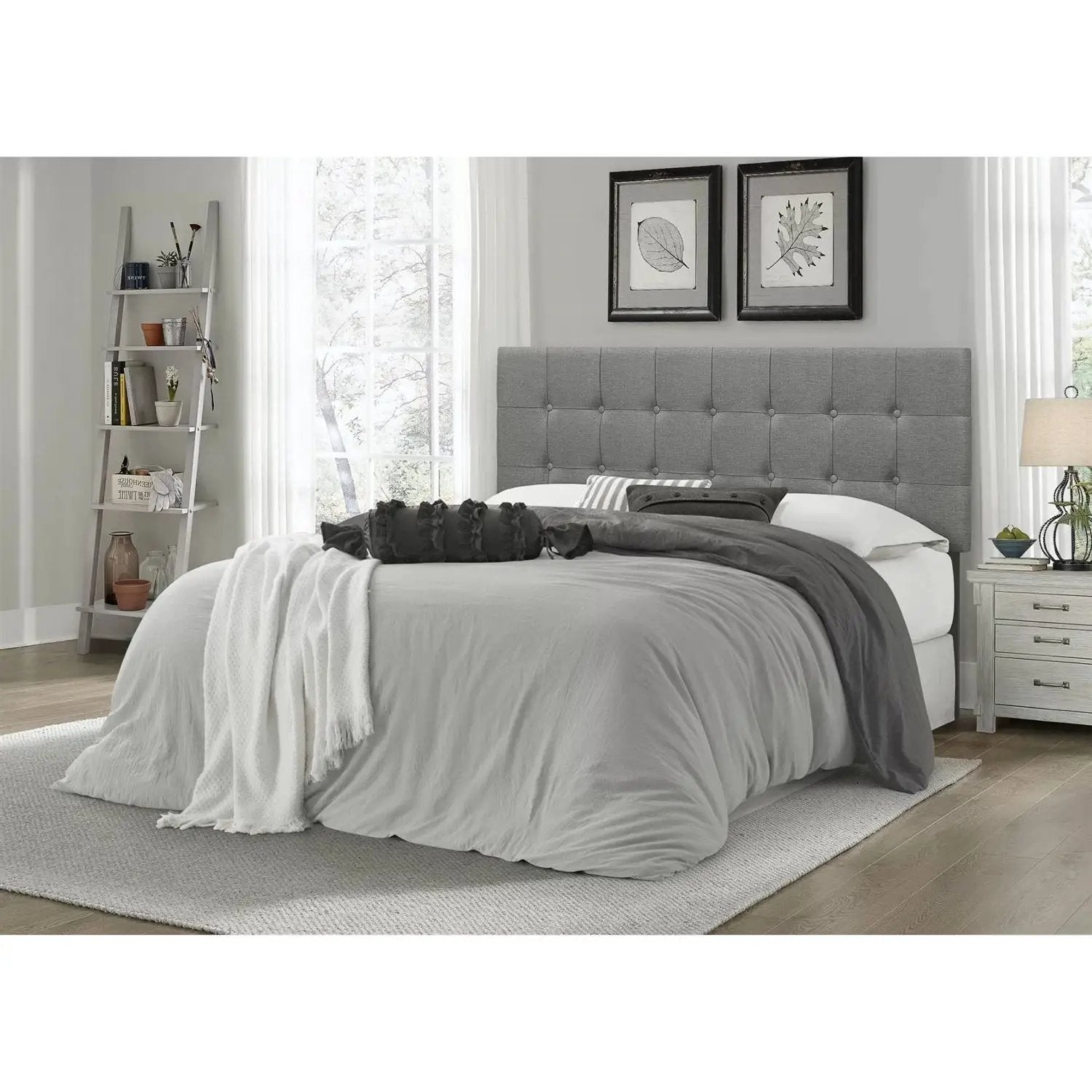 King size Mid-Century Style Button-Tufted Headboard in Grey Upholstered Fabric by HomePacific