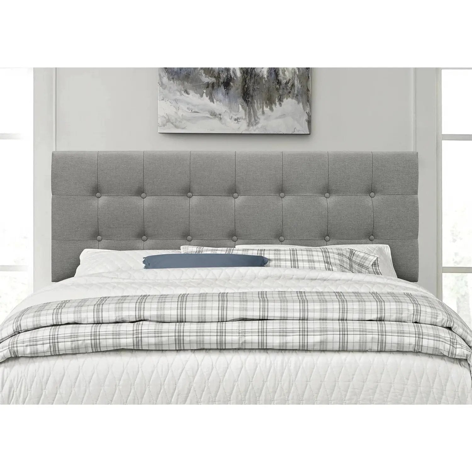 King size Mid-Century Style Button-Tufted Headboard in Grey Upholstered Fabric by HomePacific