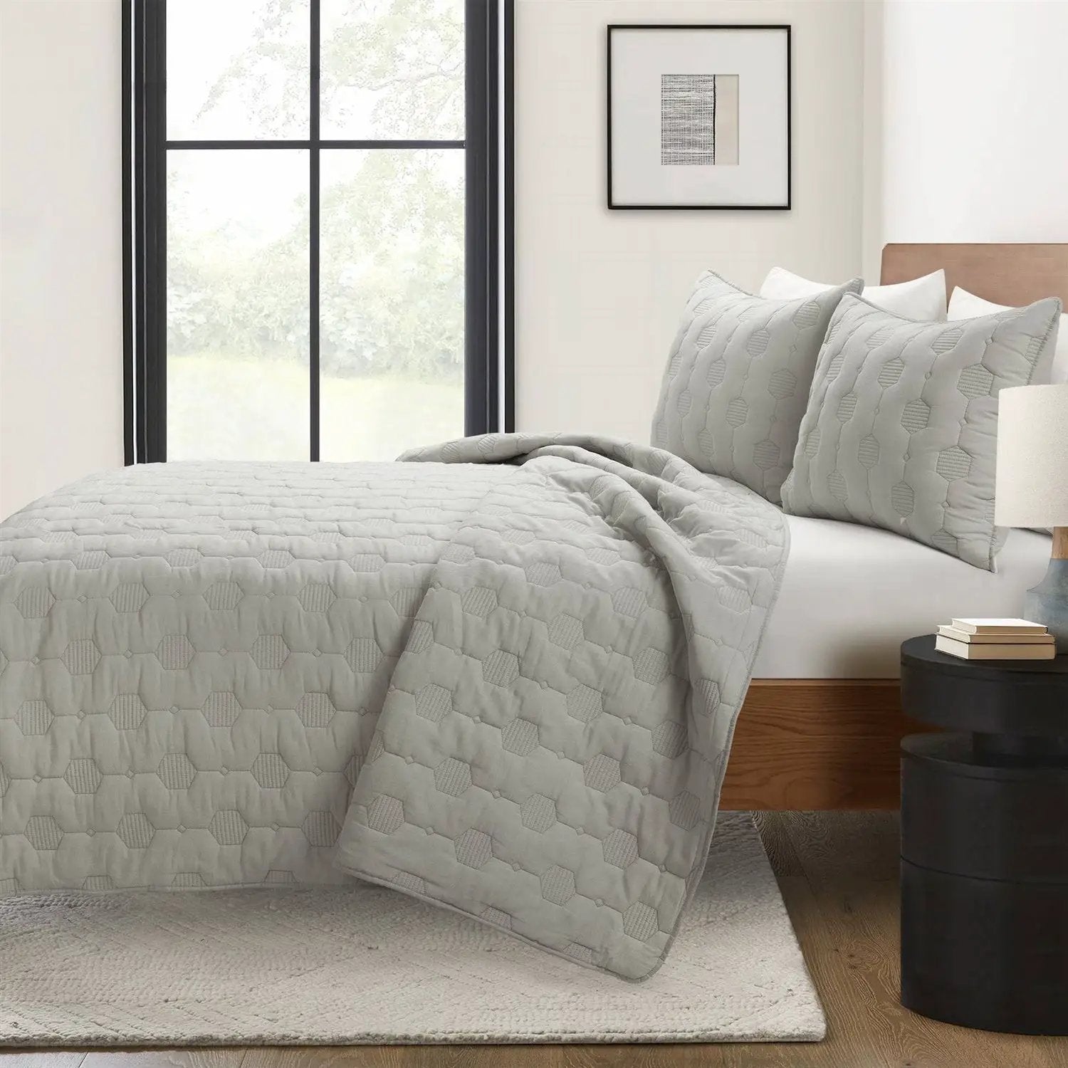 King/CAL King Hexagon Pattern Lightweight Grey Textured Cotton 3 Piece Quilt Set by HomePacific