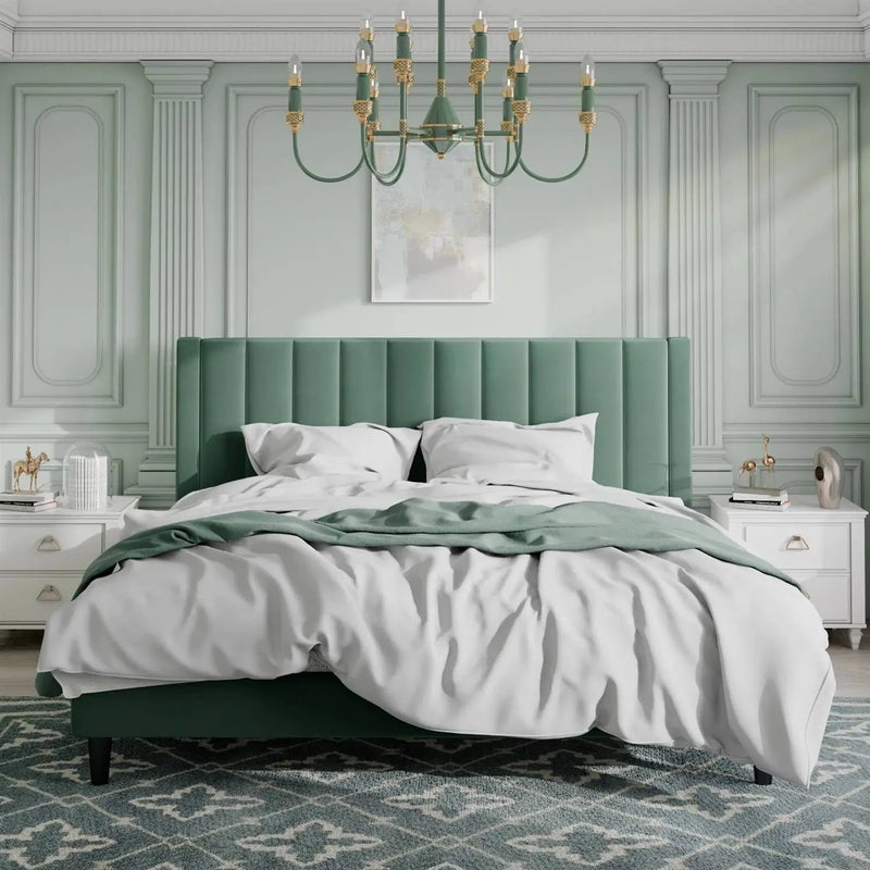 King size Modern Green Velvet Upholstered Platform Bed with Headboard by HomePacific