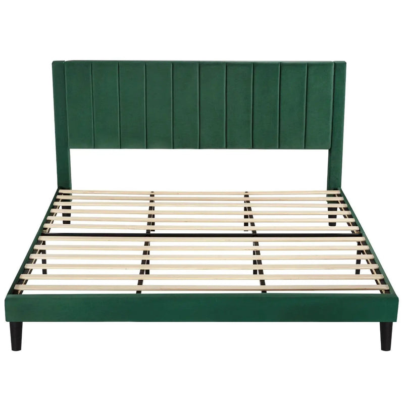 King size Modern Green Velvet Upholstered Platform Bed with Headboard by HomePacific