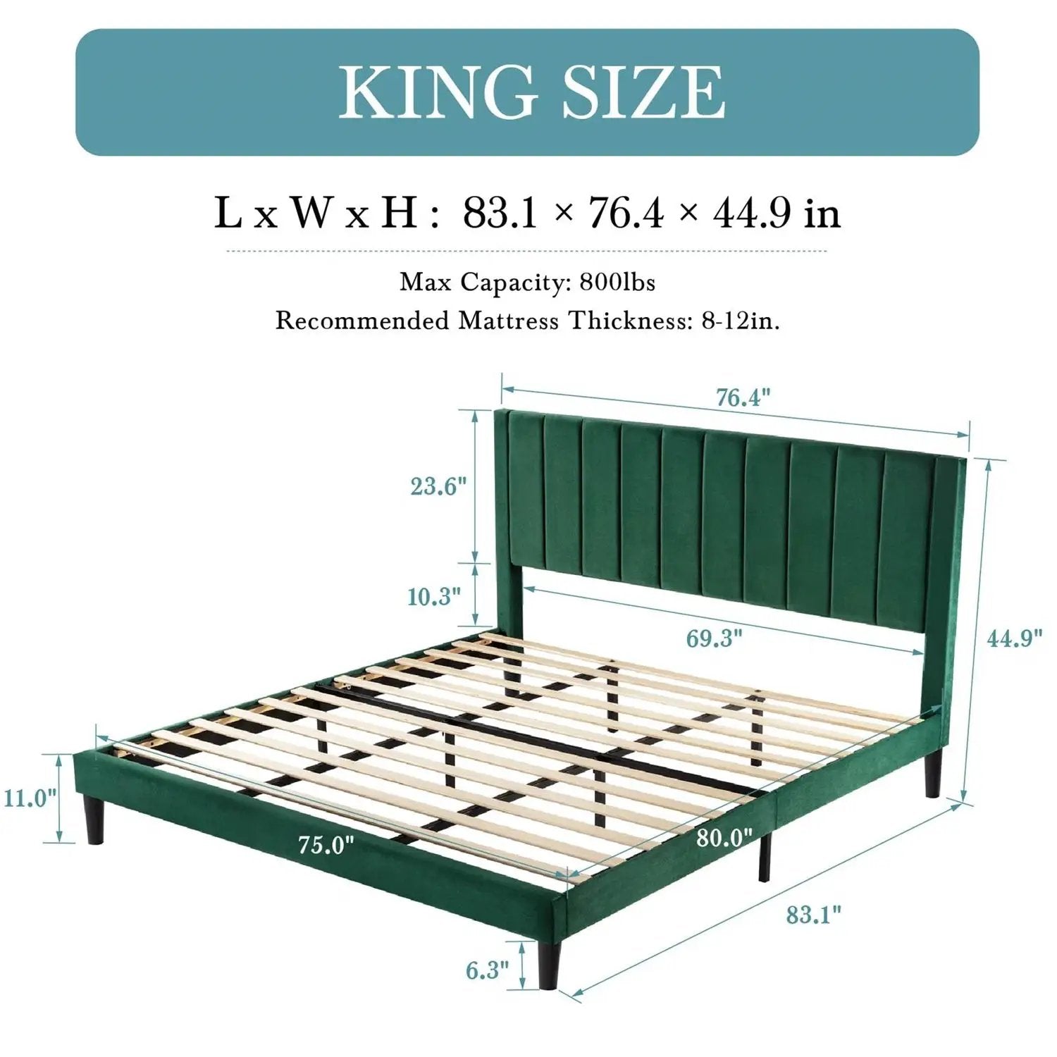 King size Modern Green Velvet Upholstered Platform Bed with Headboard by HomePacific