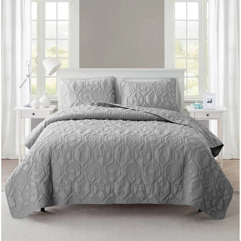 King Coastal Beach Embossed Starfish Seashell Seahorse Grey 3-Piece Quilt Set by HomePacific