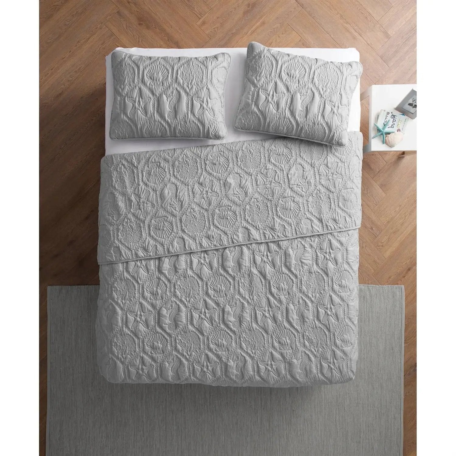 King Coastal Beach Embossed Starfish Seashell Seahorse Grey 3-Piece Quilt Set by HomePacific
