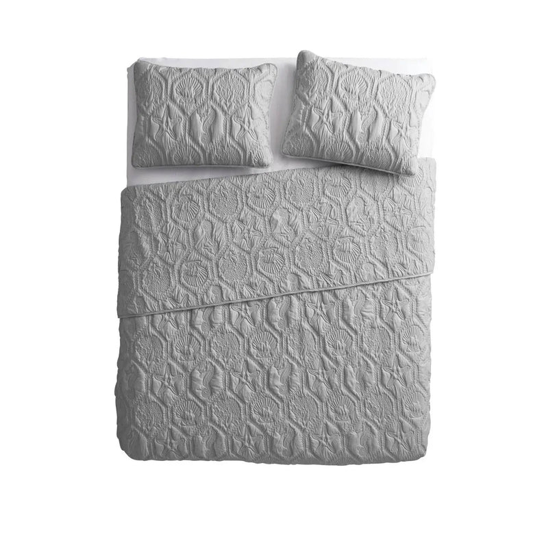 King Coastal Beach Embossed Starfish Seashell Seahorse Grey 3-Piece Quilt Set by HomePacific