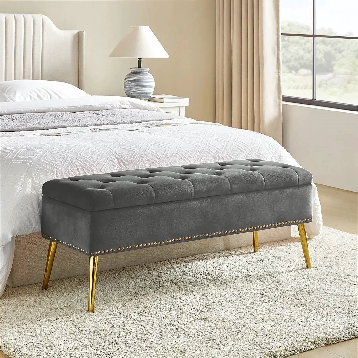 Mid-Century Modern End of Bed Storage Bench with Gray Velvet Seat and Gold Legs by HomePacific