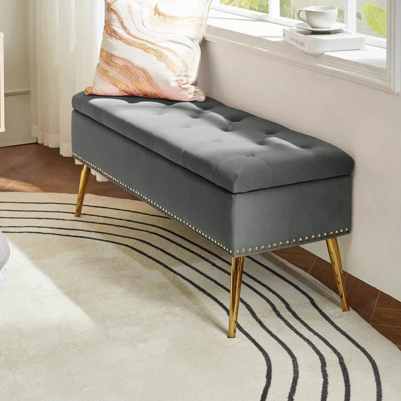 Mid-Century Modern End of Bed Storage Bench with Gray Velvet Seat and Gold Legs by HomePacific