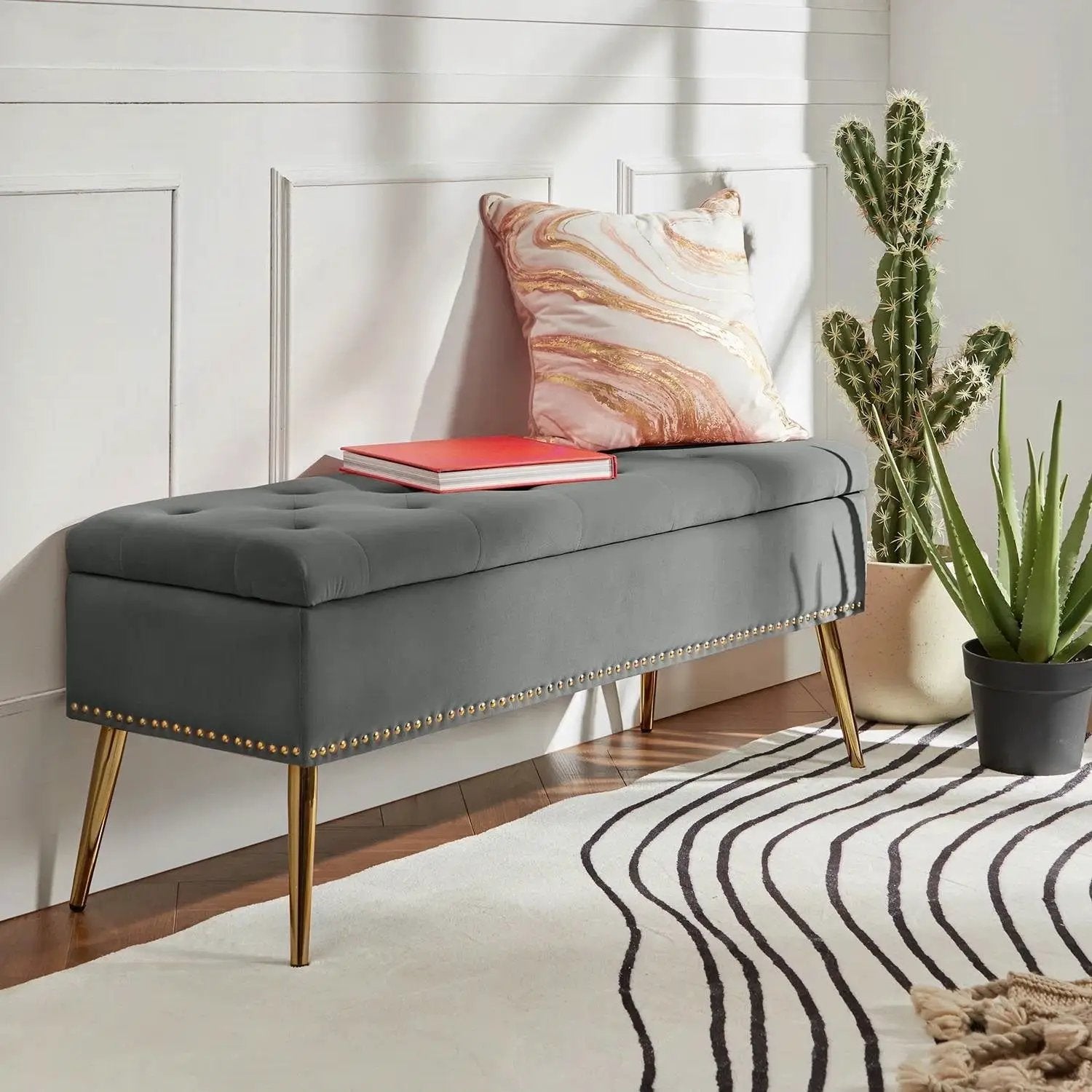 Mid-Century Modern End of Bed Storage Bench with Gray Velvet Seat and Gold Legs by HomePacific