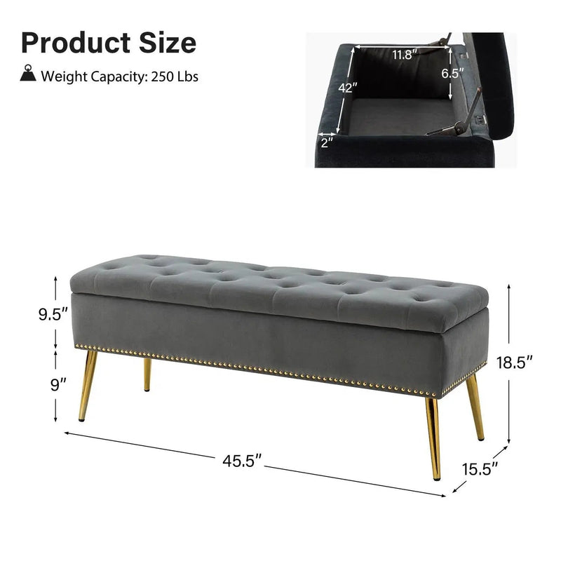 Mid-Century Modern End of Bed Storage Bench with Gray Velvet Seat and Gold Legs by HomePacific