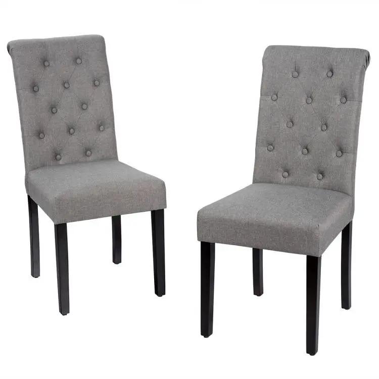 Set of 2 Grey Linen Button Tufted Dining Chair with Wood Legs by HomePacific