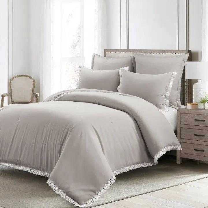 Full/Queen French Country Grey 5-Piece Lightweight Comforter Set w/ Lace Trim by HomePacific