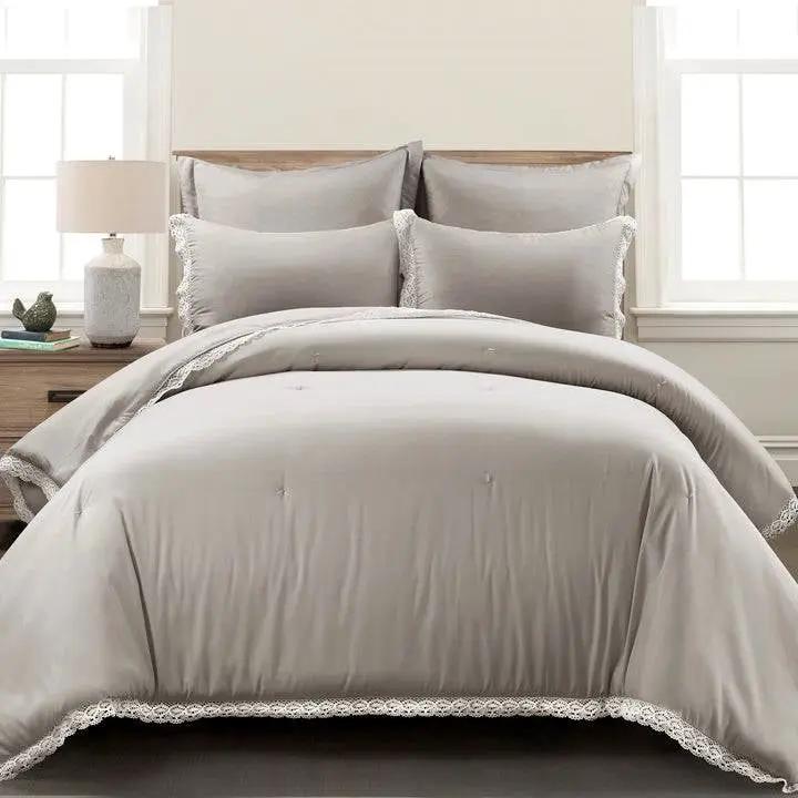 Full/Queen French Country Grey 5-Piece Lightweight Comforter Set w/ Lace Trim by HomePacific