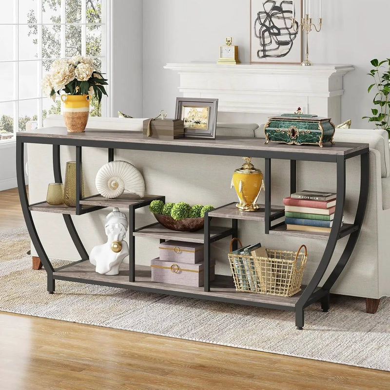 Industrial Chic 70-inch Long Narrow Console Sofa Table with Gray Wood Shelves by HomePacific