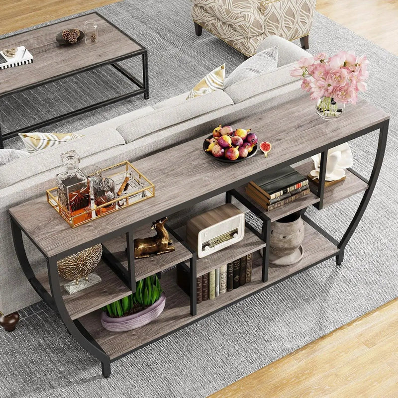 Industrial Chic 70-inch Long Narrow Console Sofa Table with Gray Wood Shelves by HomePacific