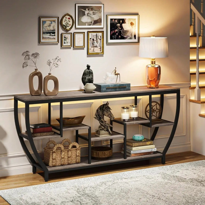 Industrial Chic 70-inch Long Narrow Console Sofa Table with Gray Wood Shelves by HomePacific