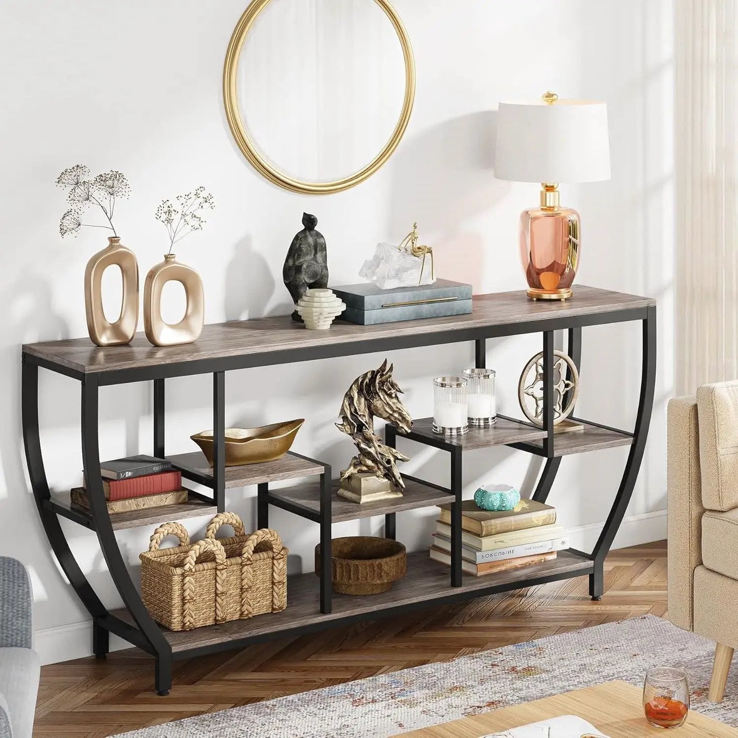 Industrial Chic 70-inch Long Narrow Console Sofa Table with Gray Wood Shelves by HomePacific