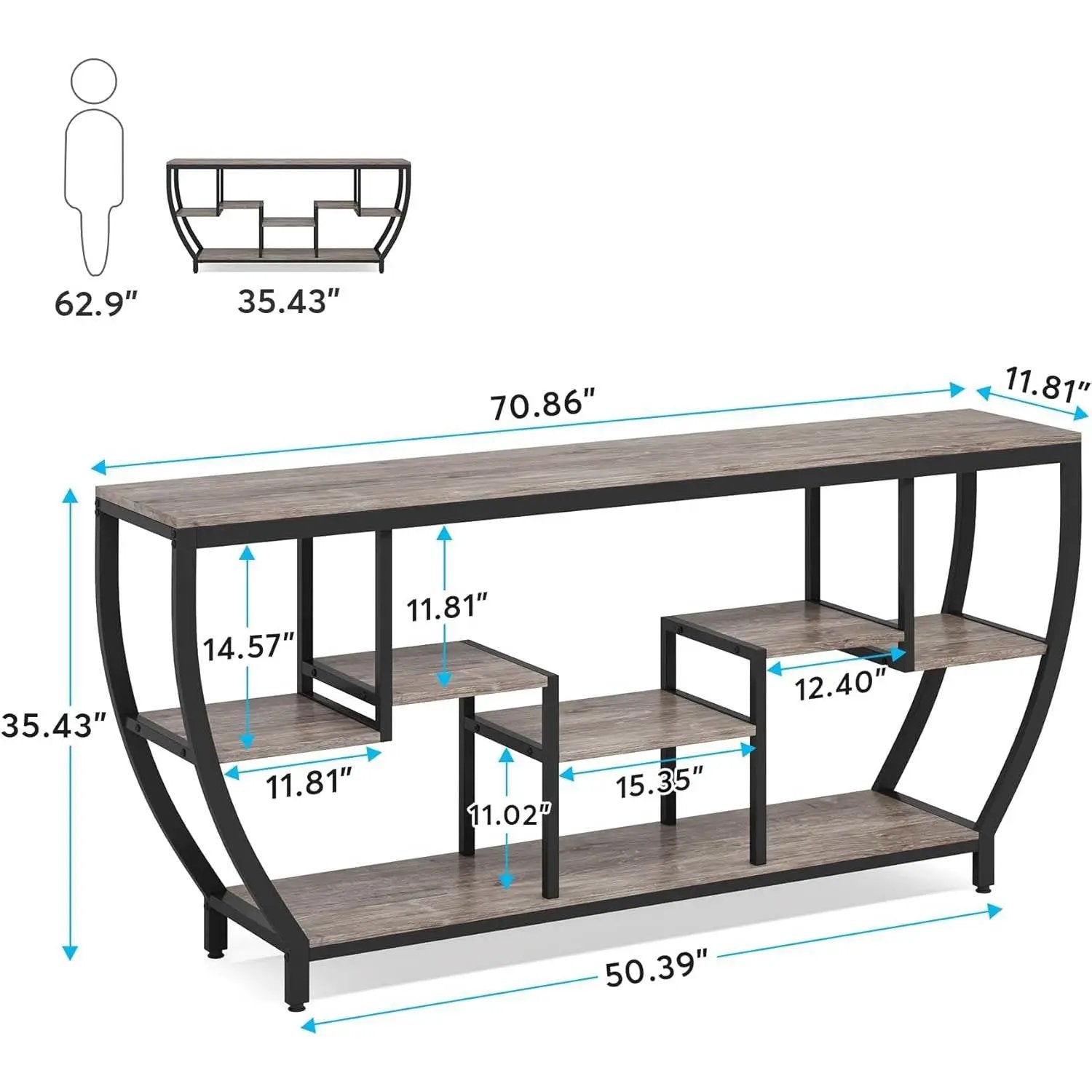 Industrial Chic 70-inch Long Narrow Console Sofa Table with Gray Wood Shelves by HomePacific