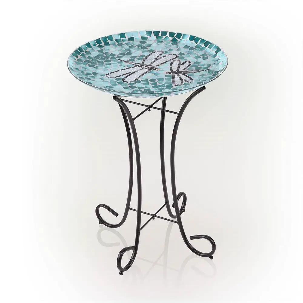 Teal Green Blue White Mosaic Glass Birdbath Bowl with Black Metal Stand by HomePacific