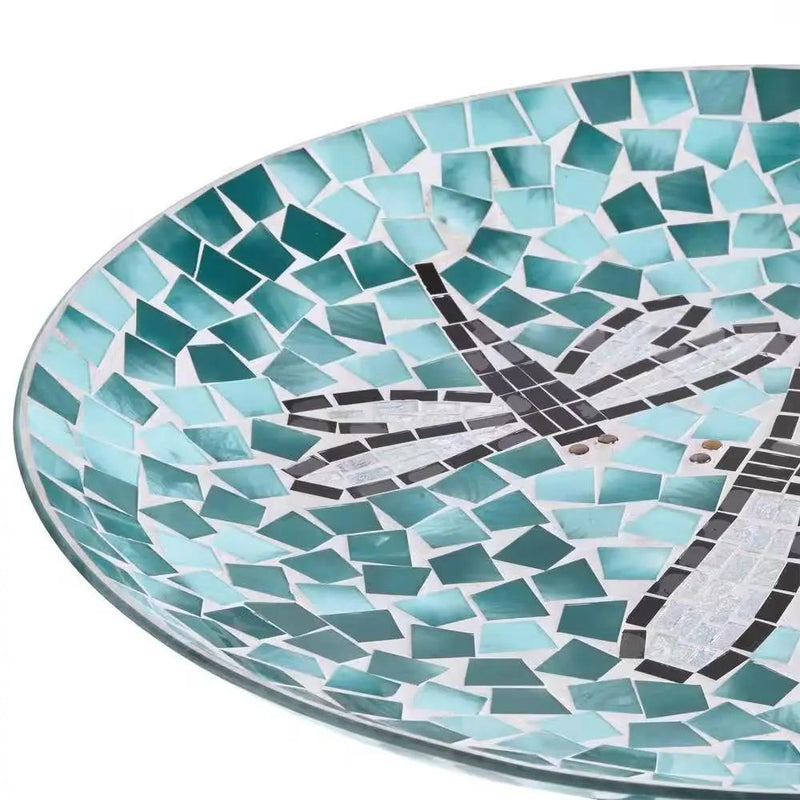Teal Green Blue White Mosaic Glass Birdbath Bowl with Black Metal Stand by HomePacific