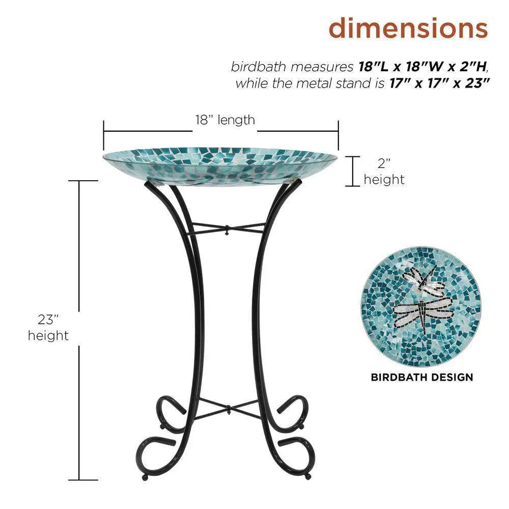 Teal Green Blue White Mosaic Glass Birdbath Bowl with Black Metal Stand by HomePacific