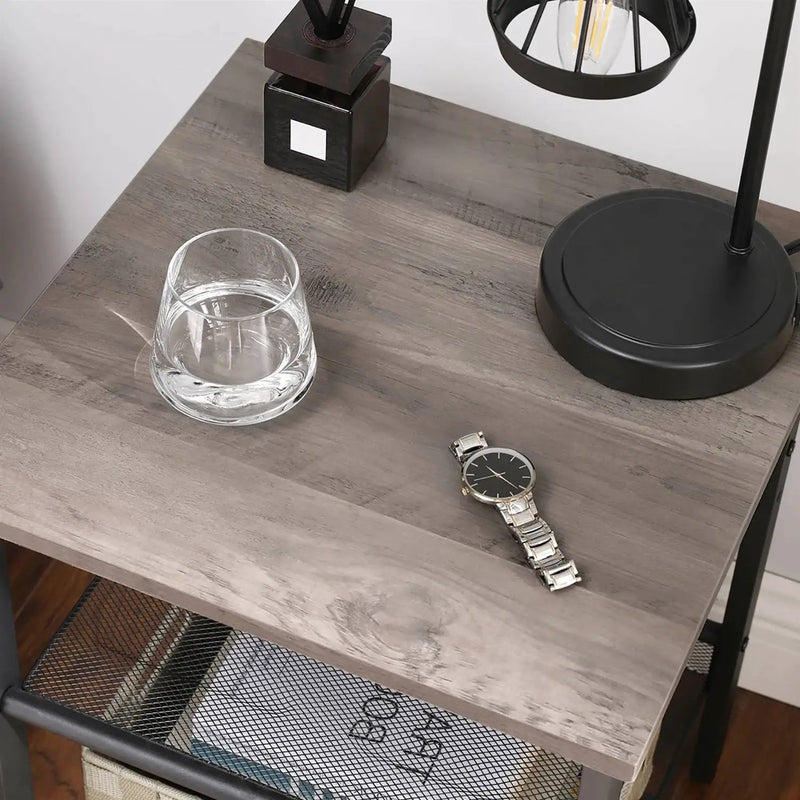Modern Industrial Side Table Nightstand in Black Metal with Grey Beige Wood Top by HomePacific