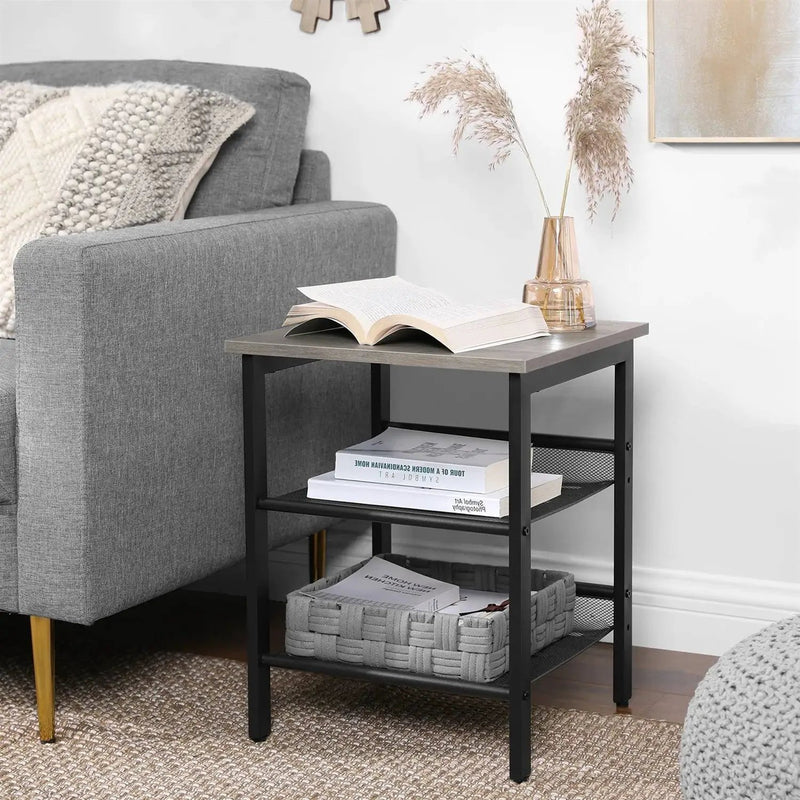 Modern Industrial Side Table Nightstand in Black Metal with Grey Beige Wood Top by HomePacific