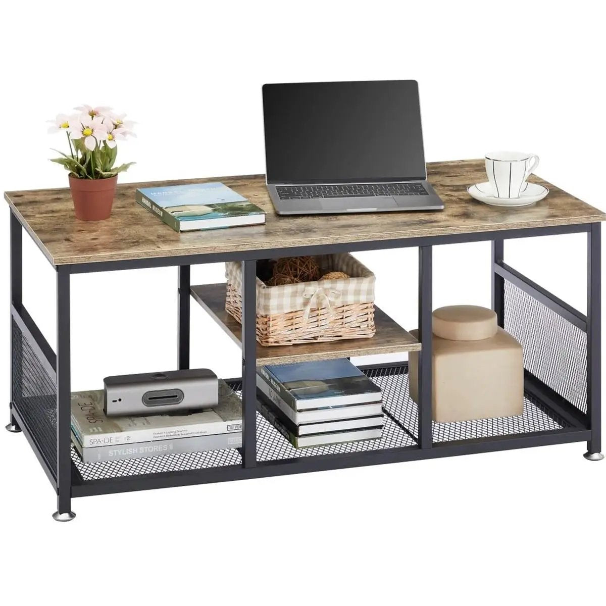 Modern Industrial Metal Grey Wood Coffee Table with Bottom Storage Shelves by HomePacific