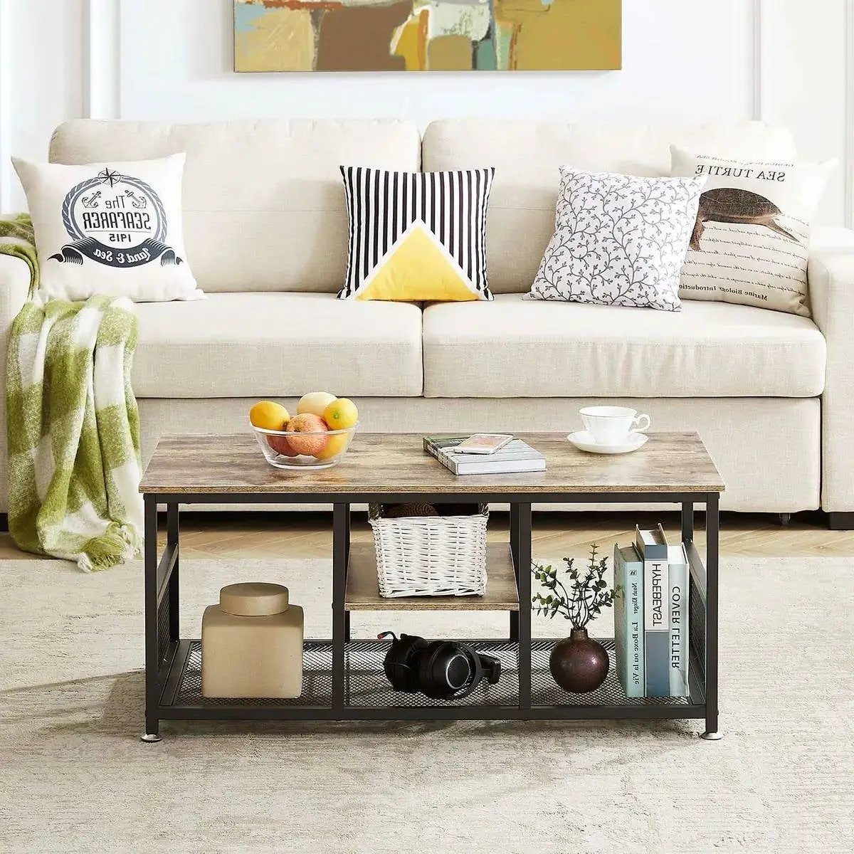 Modern Industrial Metal Grey Wood Coffee Table with Bottom Storage Shelves by HomePacific
